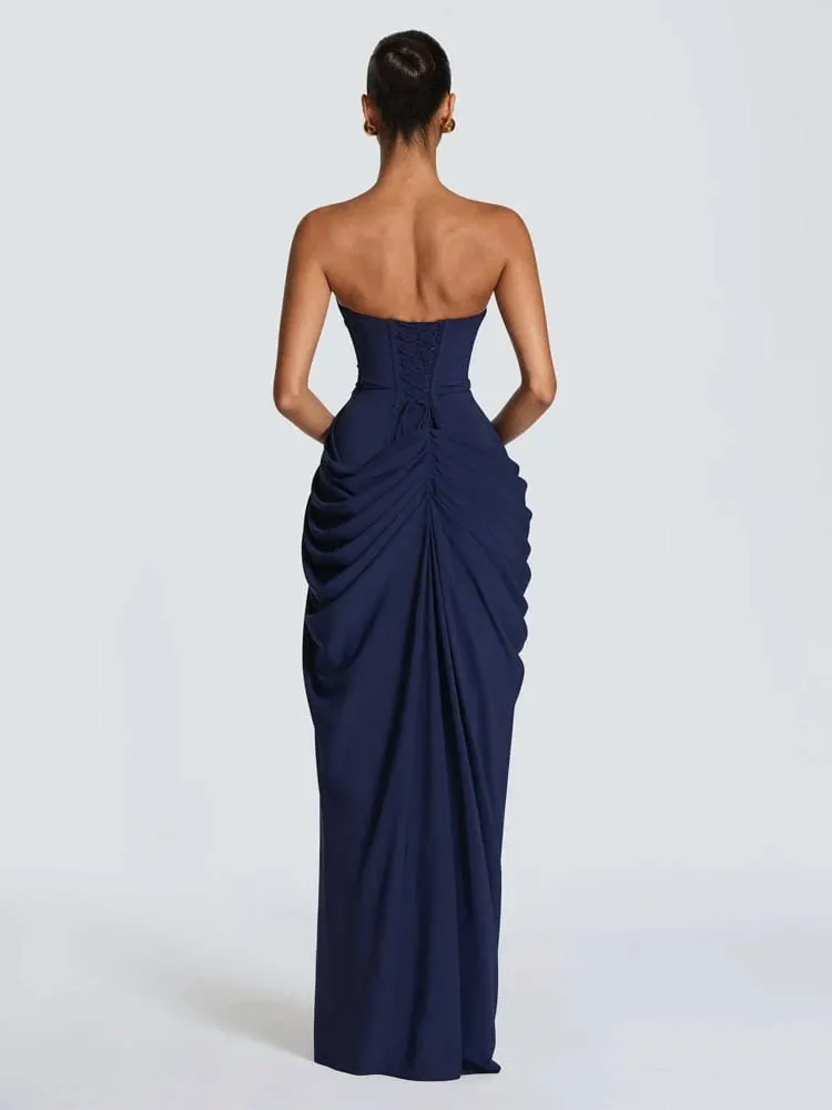 Elegantes, solides, plissiertes, trägerloses Maxikleid, gelb, schulterfrei, rückenfrei, hohe Taille, geteilte Robe, 2026, neues Damen-Abend-Partykleid — image 5