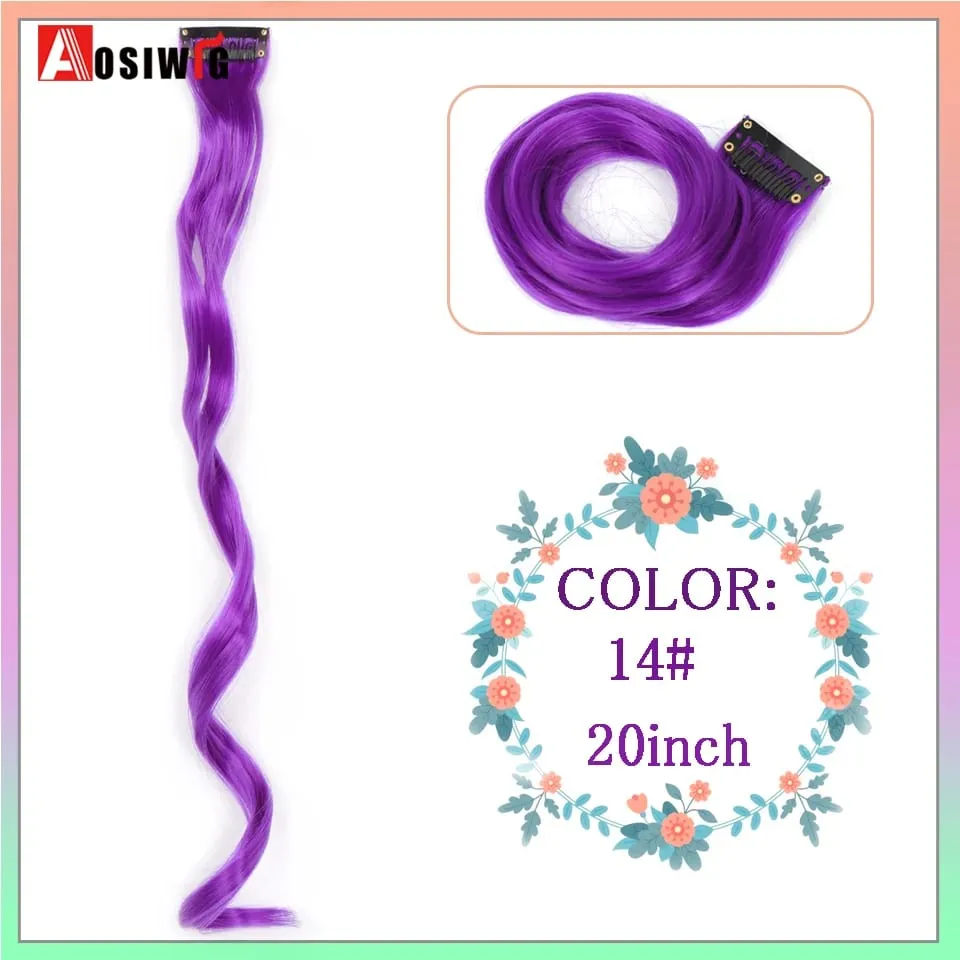 Extensions de cheveux synthétiques lisses et longues à reflets arc-en-ciel, 22 pouces, Clip en une seule pièce, ombré rose violet vert jaune pour femmes — image 11