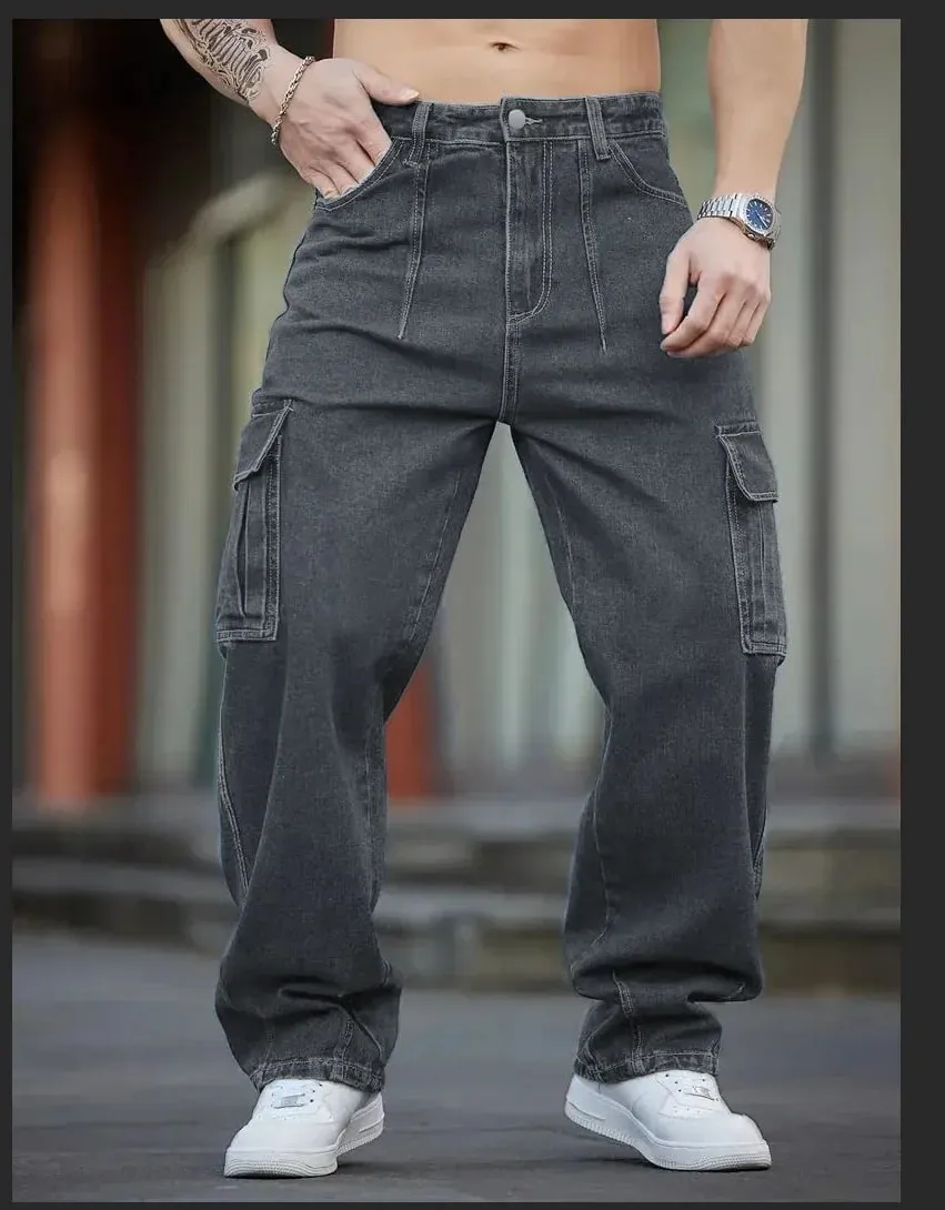 Herren-Jeans aus tiefblauem, gewaschenem Denim, Arbeitskleidung, lässiges Design mit mehreren Taschen, lockere Hose mit weitem Bein, Cargohose im Y2K-Stil — image 3