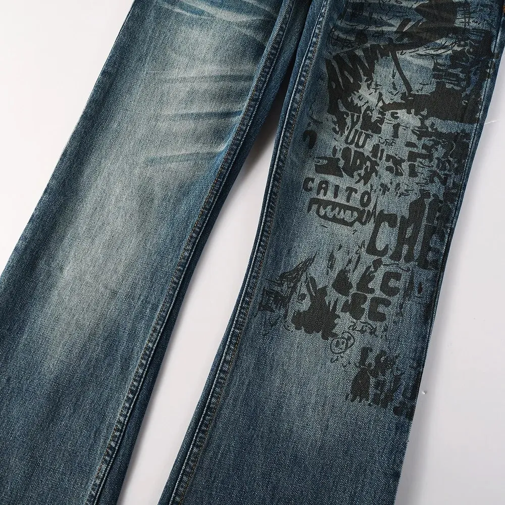 Erkek Çizme Kesim Denim Kot İnce Genişletilmiş Pantolon Mavi Streç Uzun Pantolon Yüksek Kaliteli Desen Baskı — image 4