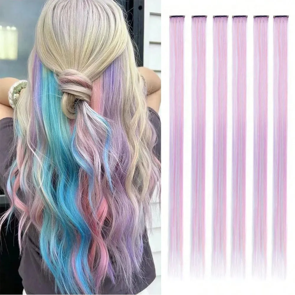 6 Stück/Packung, farbige Party-Highlights, Clip-in-Haarverlängerungen, 22 Zoll, mehrfarbig, glattes Haar, synthetische Haarteile — image 26
