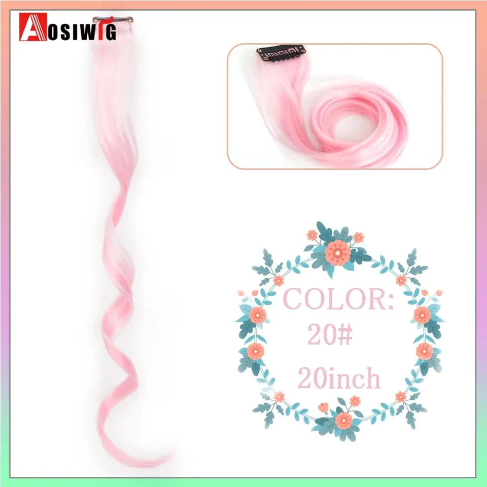 Extensions de cheveux synthétiques lisses et longues à reflets arc-en-ciel, 22 pouces, Clip en une seule pièce, ombré rose violet vert jaune pour femmes — image 14