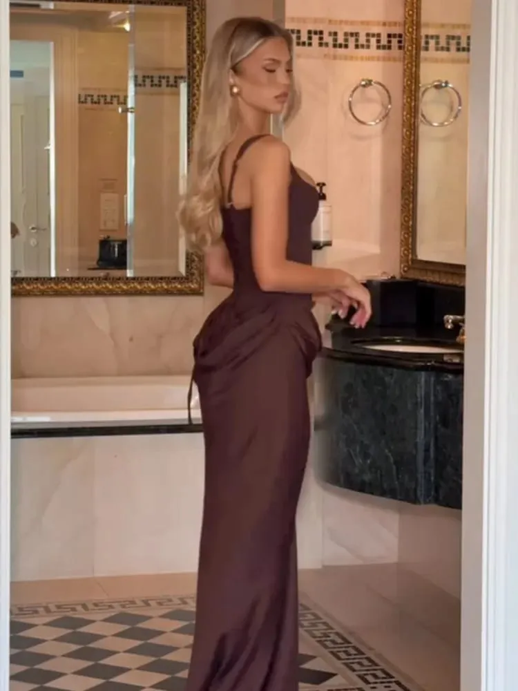Wanita Elegant Pleated Sling Dresses Solid Square Leher Tanpa Lengan Off-shoulder Pinggang Cinching Dress Fesyen Gaun Pesta Petang — image 3