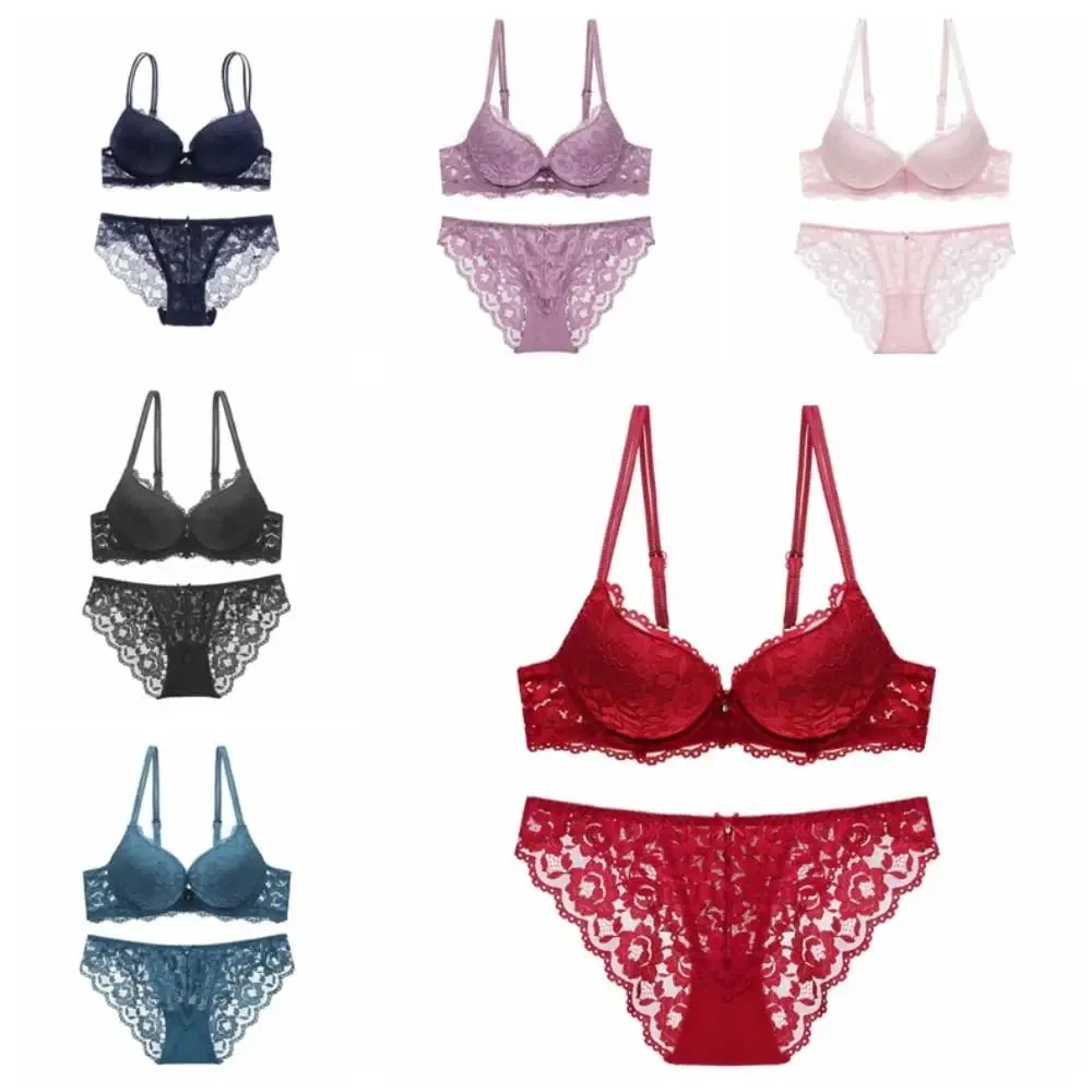 Comodo reggiseno a fiori in pizzo a rete a vita bassa con fiocco e mutandine con reggiseno Set intimo antiscivolo reggiseno push up da donna estivo — image 5