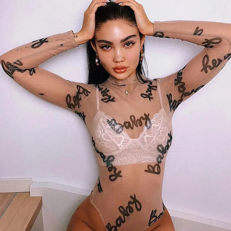 2025 Summer Sexy Letter Print Transparent Mesh Bodysuits Langærmede Se Gennem Baby Bodycon Rompers Dame Jumpsuits — image 2