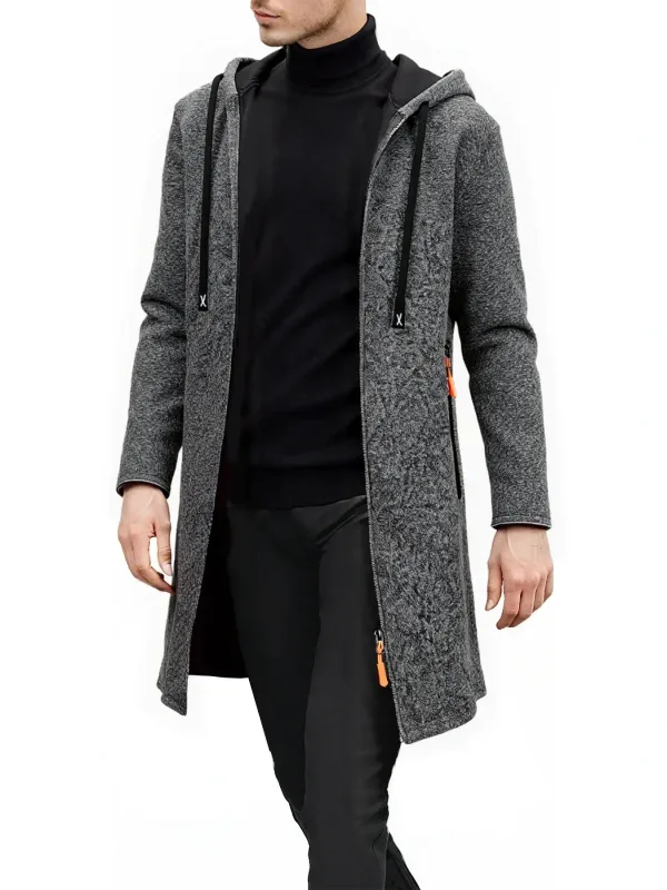 Ensemble de 2 pièces pour hommes, veste à capuche mi-longue avec fermeture éclair complète, manteau chaud doublé en polaire avec capuche à cordon de serrage et poches zippées, vêtements d'extérieur décontractés pour l'automne et l'hiver, usage quotidien