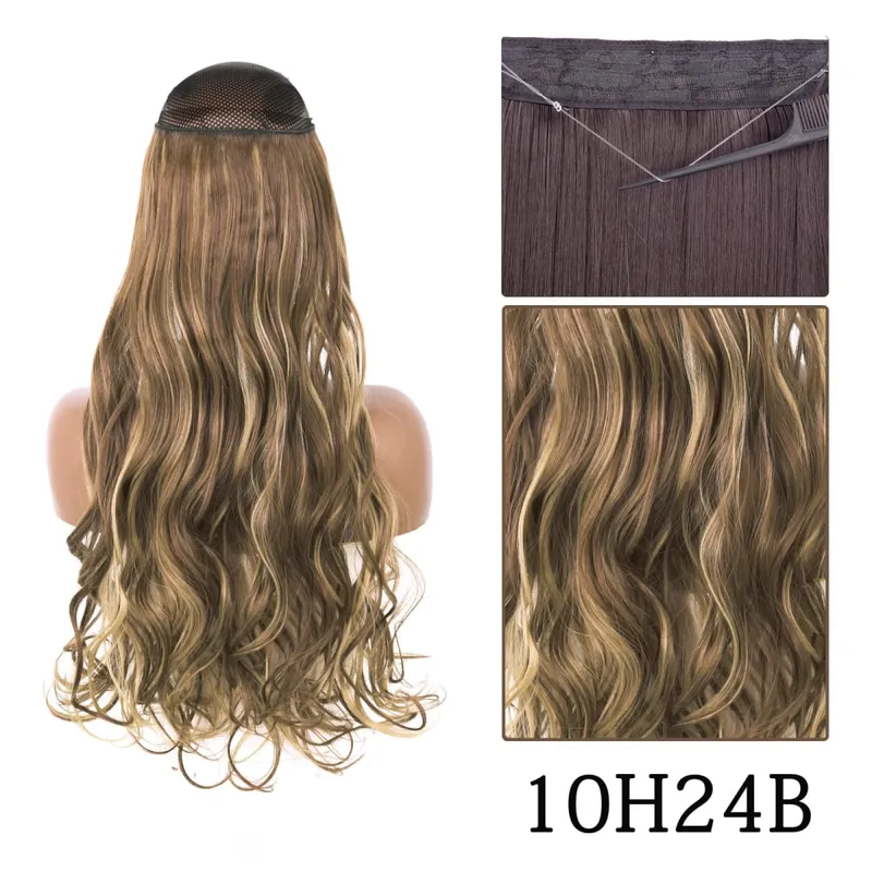 Estensioni dei capelli sintetiche senza clip regolabili con linea di pesce, parrucchino naturale biondo marrone ondulato lungo resistente al calore per le donne — image 14