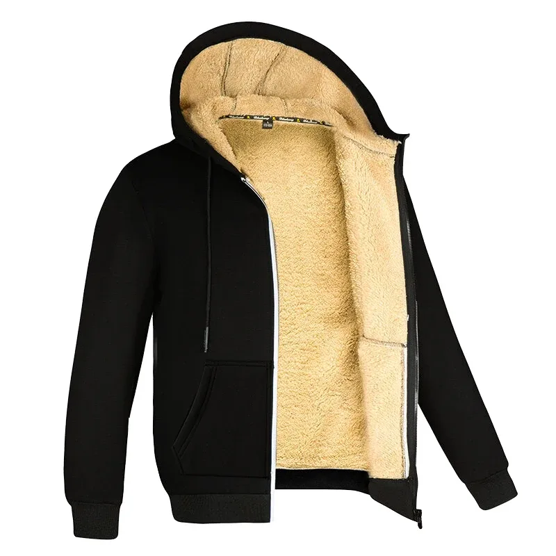 Winter Lambswool Zipper Hoodies High Quality Fleece Jackets Plus-Size Thick Warm Jacket Solid Color Outwear Hooded Coat For Men — image 1