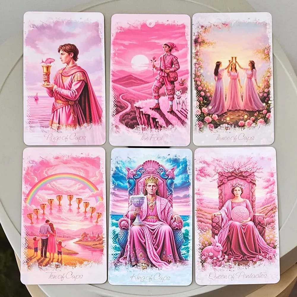 Dek Tarot Fantasi Romantis Merah Muda Dalam Kotak Timah 78 Kartu Dek Penuh dengan Buku Instruksi 11*6.2Cm Ramalan Spiritual Oracle — image 3