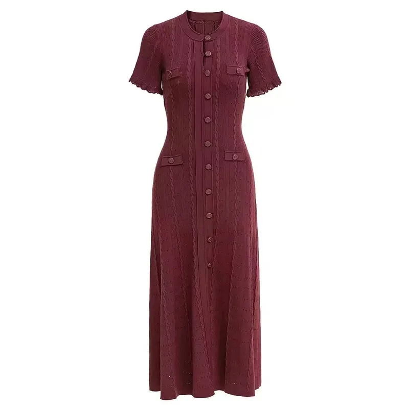 Vintage-Midikleid mit Zopfmuster, Knopfleiste vorne, Rüschen, kurze Ärmel, Taschendesign, elegantes, legeres Party-Strickkleid