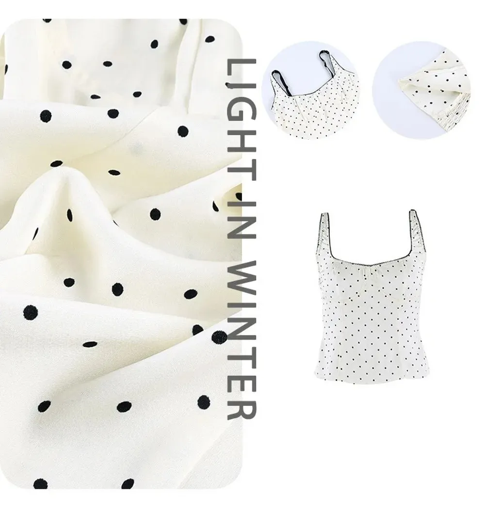 Street Chic สปาเก็ตตี้ Polka Dot Tank Top สแควร์คอ Slim Cropped แขนกุดผ้าไหมเสื้อกั๊ก Off-ไหล่ลูกไม้ Camis หญิง — image 8
