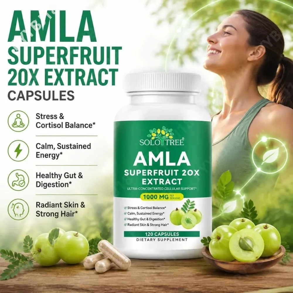 Amla Superfruit 20x 추출물 캡슐(Phyllanthus Emblica 함유) 차분한 에너지 소화기 건강 빛나는 피부/머리카락 120Ct 촉진 — image 1