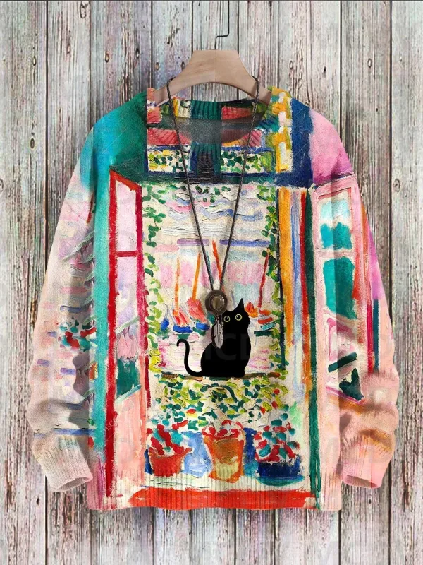 Sweter Pulover Rajut Kasual Gambar Cetak Pola Seni Burung Bunga Kucing Hitam Lucu Sweter Klasik Pulover Pria untuk Wanita — image 9