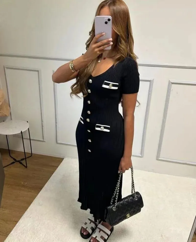 Elegante Gestrickte Maxi Kleider Bodycon Kurzarm Rüschen Einreiher 2025 Neue Kleid Casual Communte Streetwear Vestidos — image 2