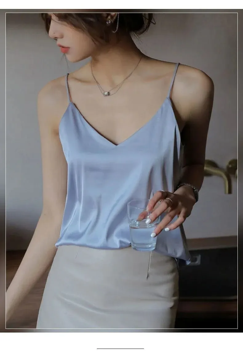 Vrouwen Halter V-hals Basic Wit Cami Spaghetti Top Mouwloos Satijn Zijde 2026 Tank Tops Dames Zomer Hemdje — image 7