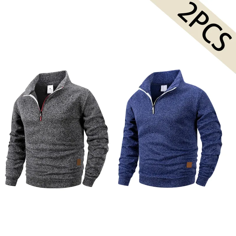 Set 2 Keping Lelaki 1/4 Zip Baju Leher Olok-olok, Pullover Bergaris Bulu dengan Cuff Berusuk Atasan Kasual Hangat untuk Pakaian Harian Musim Gugur Musim Gugur