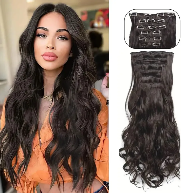 Clip in dlouhé vlnité syntetické vlasy prodlužování 24 palců černé 6ks tlusté příčesky Fiber Double Weft vlasy pro ženy — image 8