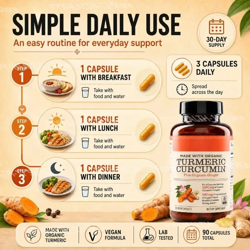Veganské kapsle Kurkuma Curcumin Plus vyrobené s organickým zázvorem podporuje zdraví kloubů a zdraví srdce Kapsle bez GMO 90 — image 6