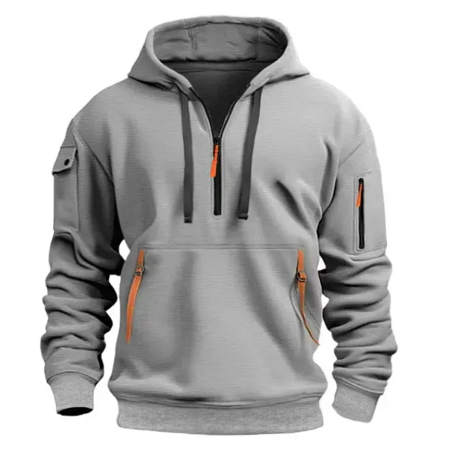 Autumn Men Half Zip Hoodie Multi Zipper Pocket Long Sleeve Pullover Drawstring Hooded Sweatshirt Outdoor Casual Loose Street . — image 4