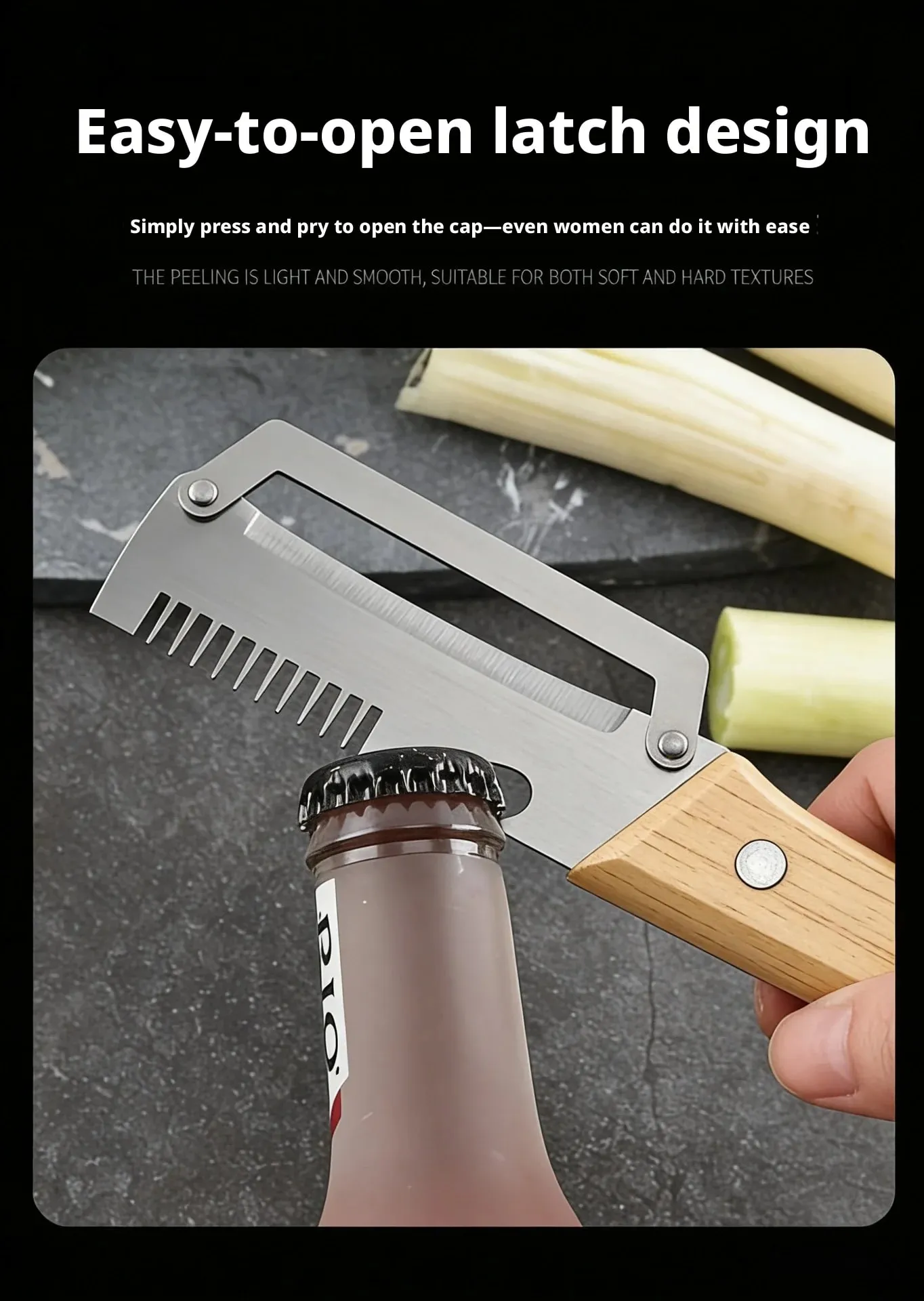 Stainless Steel Vegetable Peeler with Wooden Handle 3-in-1 Fruit Potato Peeler with Bottle Opener Kitchen Peeling Cooking Tools