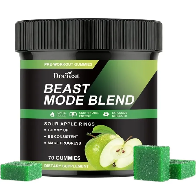 Docteat Beast Mode Blend Caramelle gommose pre-allenamento Supporto energetico e resistenza per allenamenti di forza e giornate attive in palestra 70 conteggi