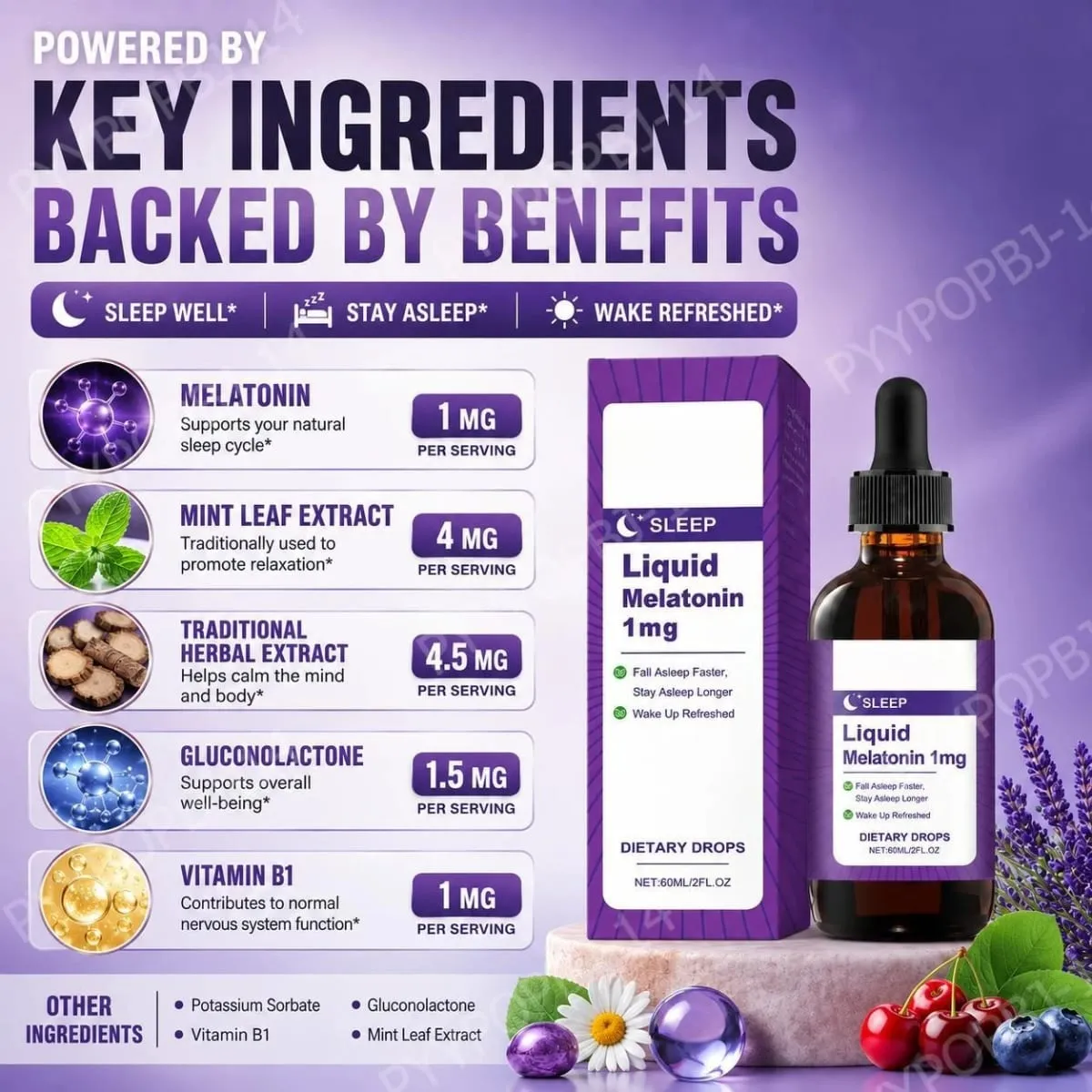 Melatonina liquida 1 Mg Gocce per dormire Estratto di foglie di menta Addormentarsi più velocemente Dormire più a lungo Svegliarsi rinfrescati 60 ML