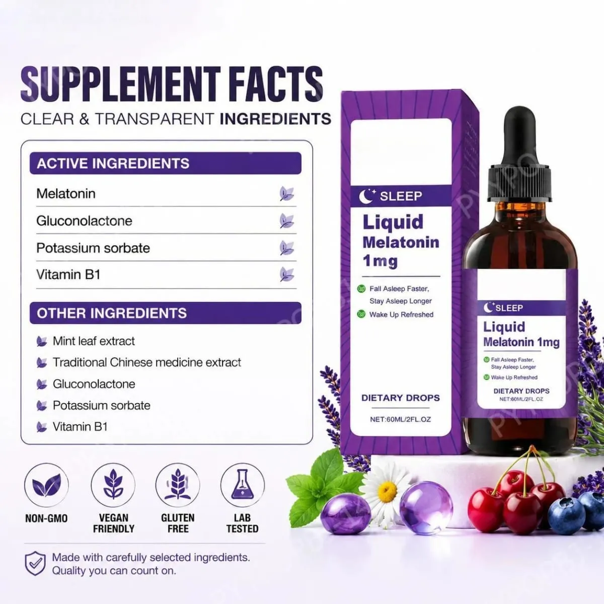 Melatonina liquida 1 Mg Gocce per dormire Estratto di foglie di menta Addormentarsi più velocemente Dormire più a lungo Svegliarsi rinfrescati 60 ML
