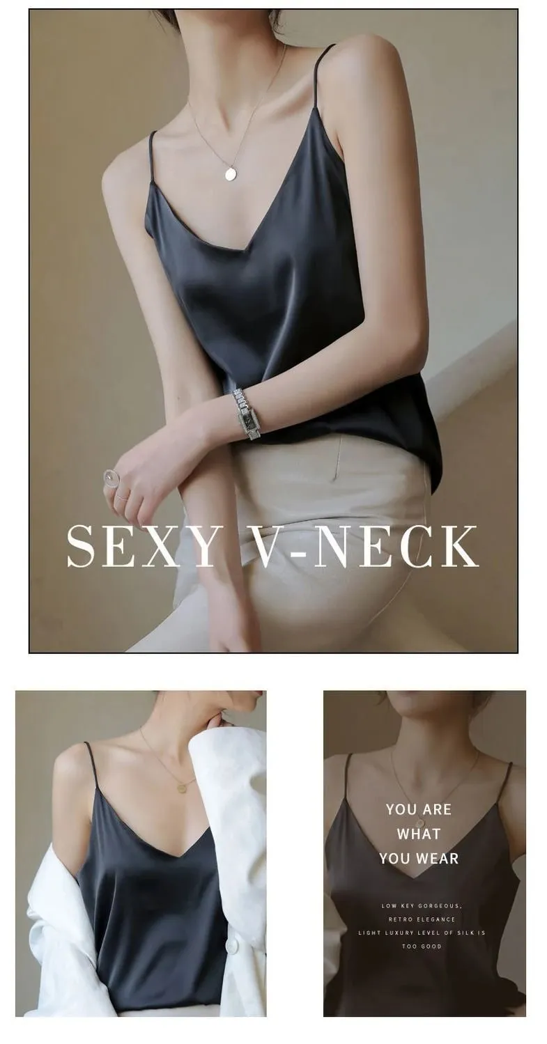 Vrouwen Halter V-hals Basic Wit Cami Spaghetti Top Mouwloos Satijn Zijde 2026 Tank Tops Dames Zomer Hemdje — image 6