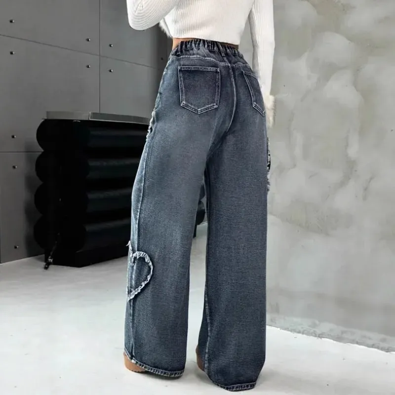 Jeans in denim lavato pesante patchwork retrò americano con bordo sfrangiato Pantaloni larghi dritti a gamba larga unisex da strada 21095 — image 4