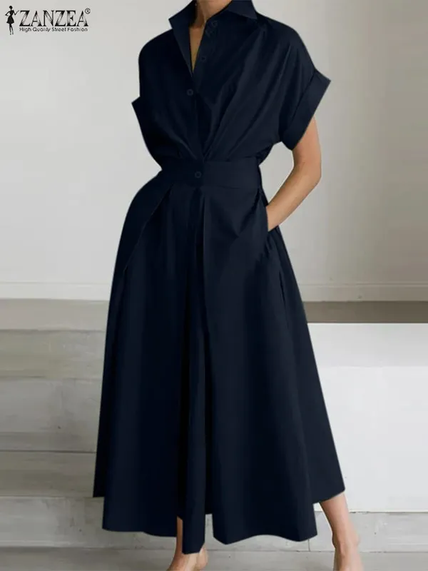Elegant Chic ผู้หญิงชุดยาวลำลองแขนสั้นคอเอวสูง Casual & Day เสื้อชุดสีทึบ S-3XL