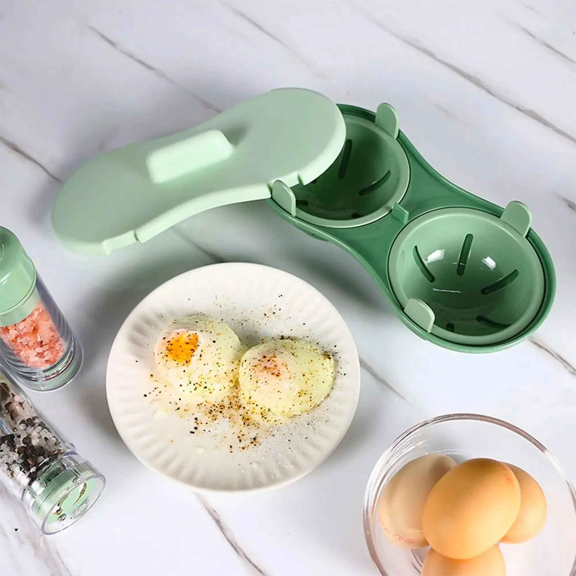 Cazador furtivo de huevos para microondas, cazador furtivo de huevos doble eficiente para microondas, cocina huevos escalfados con escurridor desmontable, calor para cocina — image 2