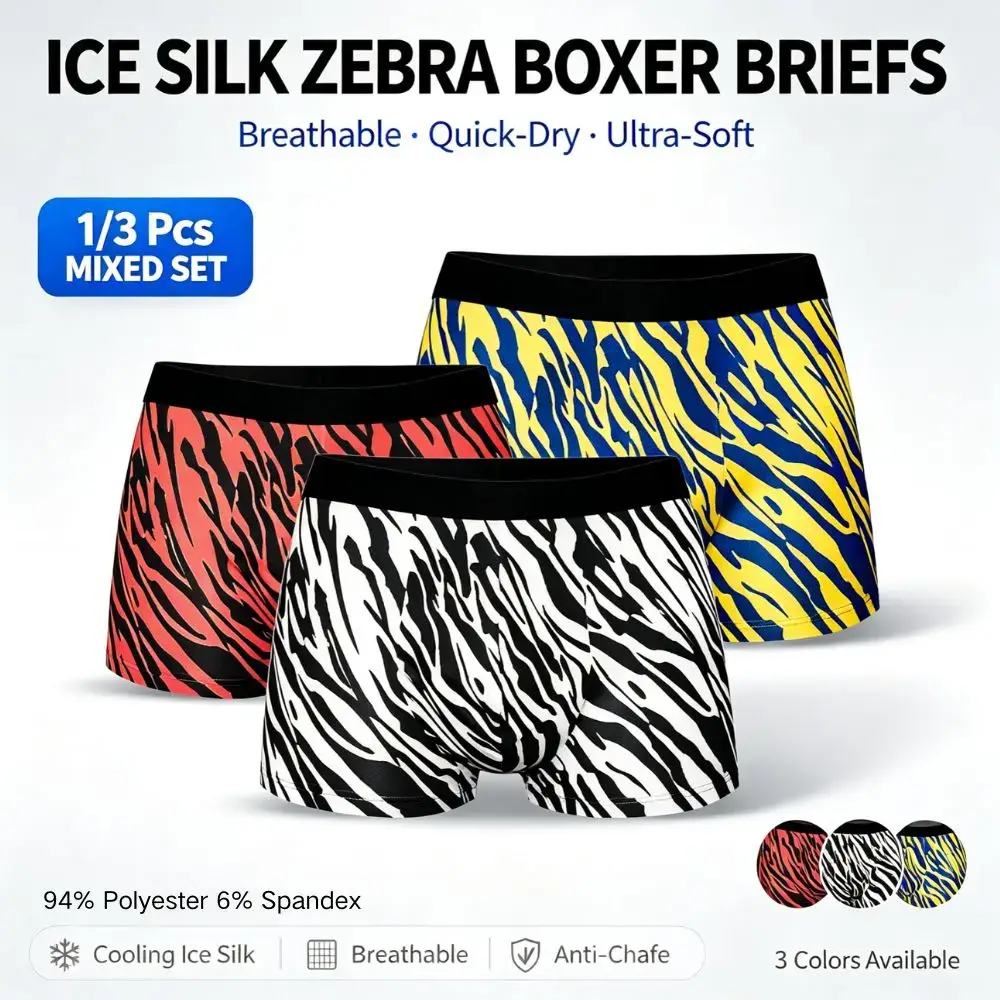 1/3Pcs 세트 남자의 얼룩말 인쇄 얼음 실크 복서 팬티 빠른 건조 통기성 3D 주머니 체육관 사무실 매일 착용에 대 한 Anti-Chafe 속옷 — image 4