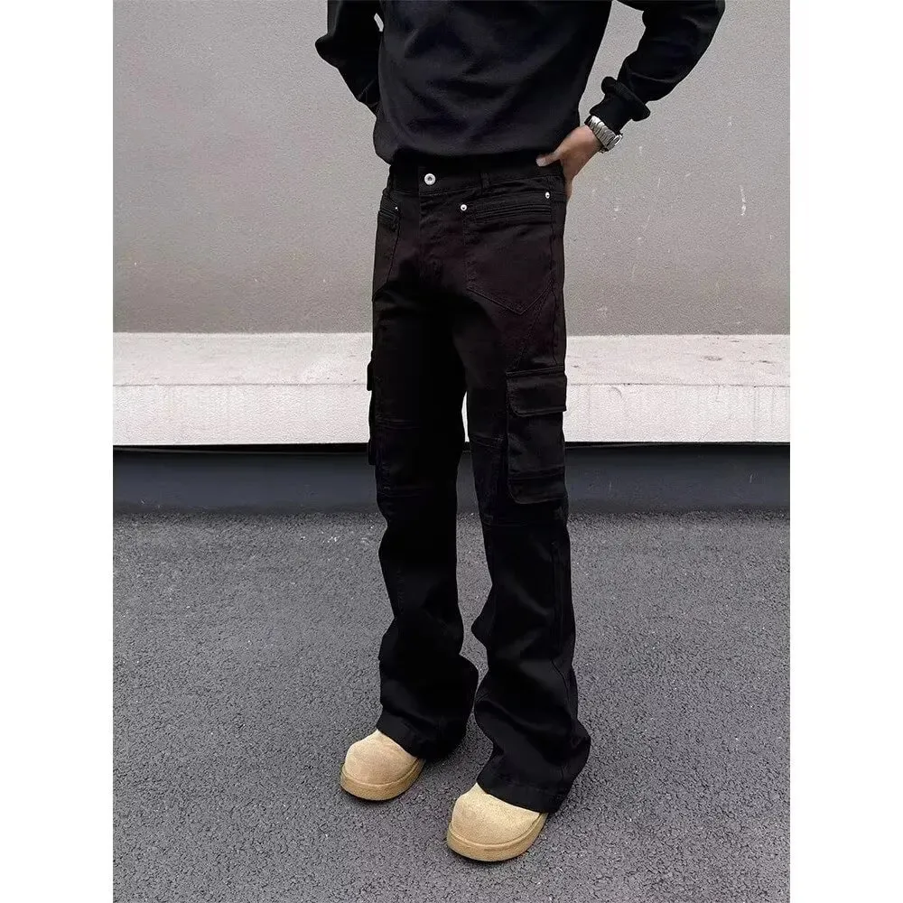 สไตล์อเมริกัน Vibe ย้อนยุคอุตสาหกรรมหนักหลายกระเป๋าประกบ workwear กางเกงยีนส์ผู้ชายหลอดตรงไมโครบานบางพอดีกระทะยาว
