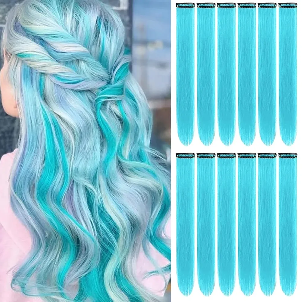 22 นิ้วต่อผมสี Light Blue Party Highlights คลิปในส่วนขยายของผมสังเคราะห์สี Party Hairpieces ตรง