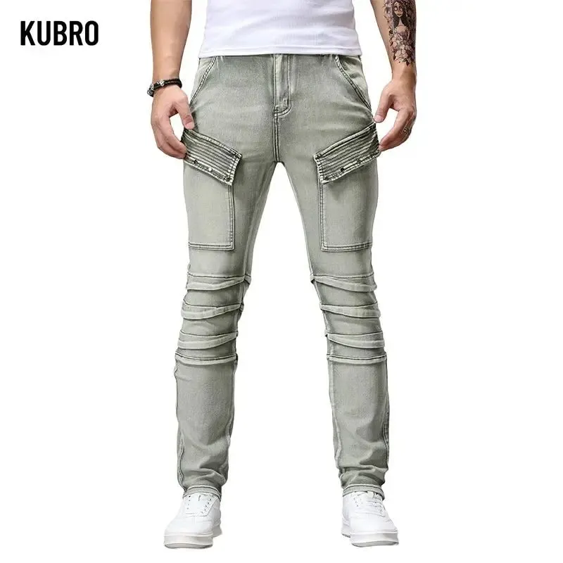 Jeans denim da moto retrò Patchwork di tendenza da uomo Pantaloni lunghi slim fit belli Pantaloni jeans a gamba dritta da bordo moda — image 7