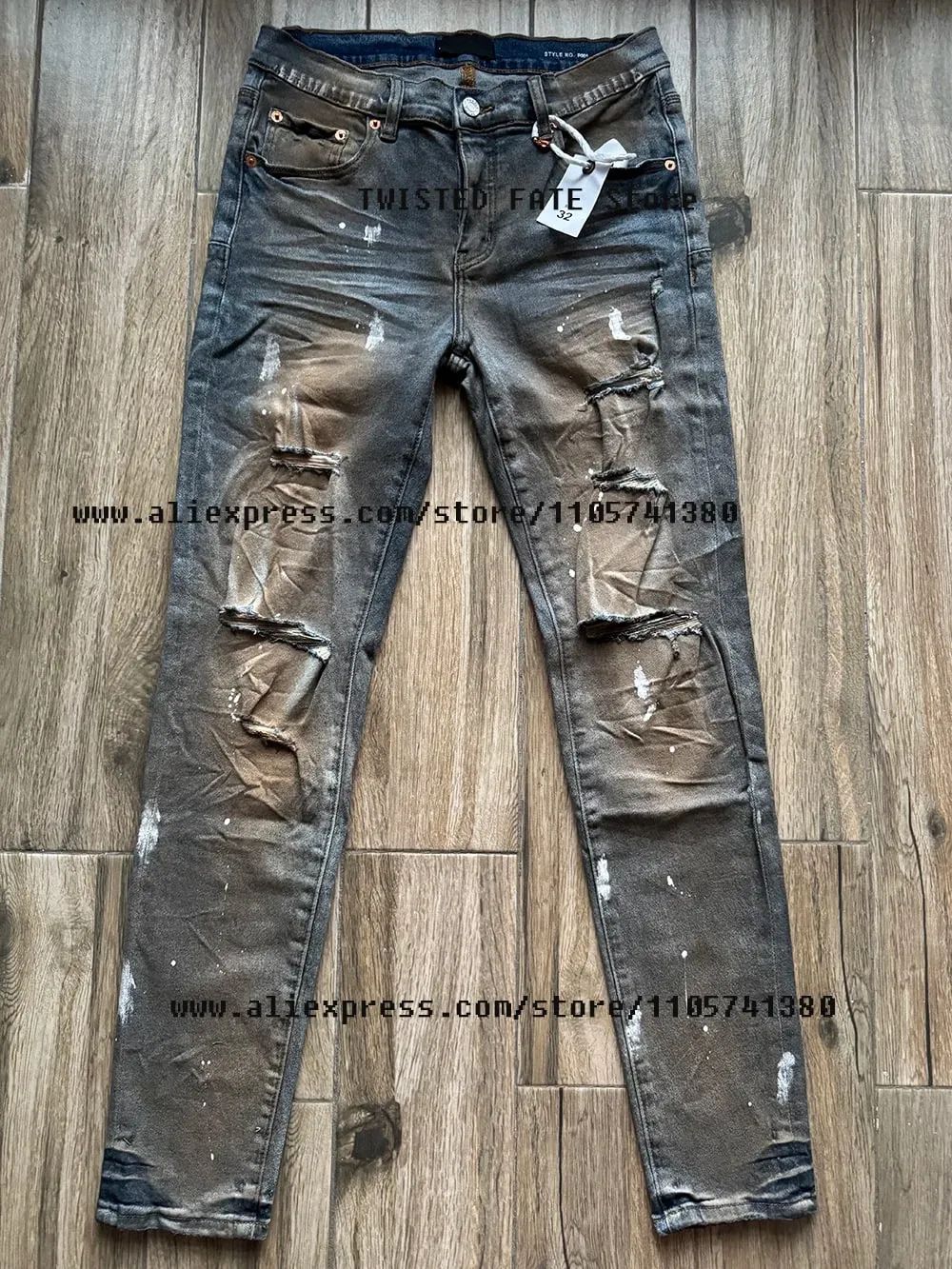 ผู้ชาย High Street Distressed Dirty Washed สีฟ้าตัดยืด Skinny & Slim Fit สเปรย์ทาสี Ripped กางเกงยีนส์