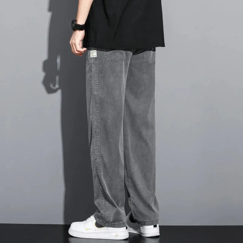 S-5XL 6Style Men's Loose Jeans Summer Soft Lyocell Thin Fabric Straight Pants Drawstring Elastic Waist Korea Casual Trousers Y2K — image 6