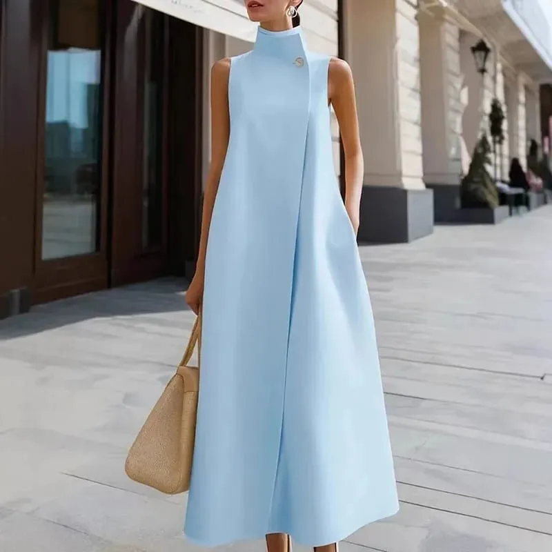 แฟชั่นที่เรียบง่ายปุ่มคอสูงชุด Maxi ผู้หญิงฤดูใบไม้ผลิกระเป๋า A-Line ชุดยาวฤดูร้อนแขนกุดชุดโบฮีเมียน — image 3