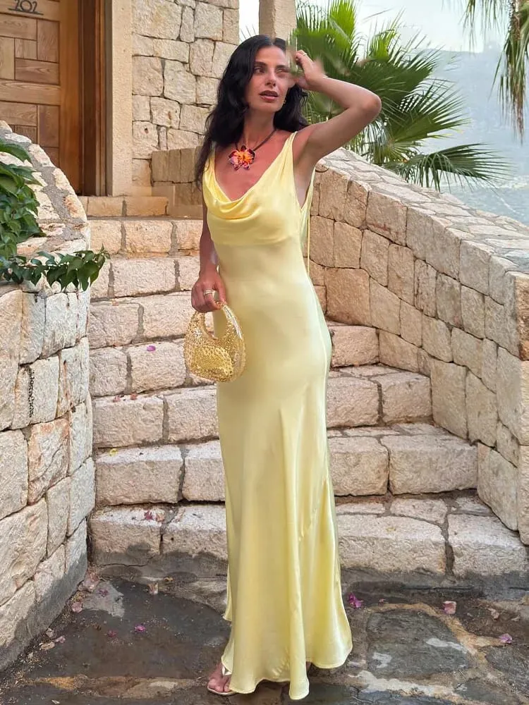 HH Abito longuette da donna in stile vacanza in raso con scollo a V senza schienale Abito estivo femminile elegante con cinturino allacciato — image 6