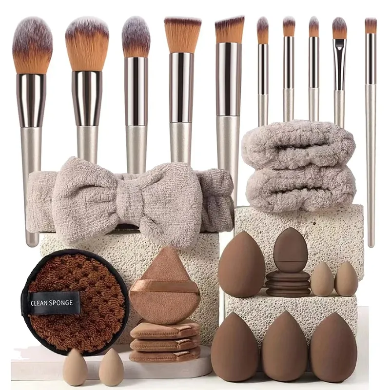 Set di pennelli e spugne per trucco Marrone Puff per trucco Beauty Egg Fascia per capelli Kit per rimozione polsini Attrezzo per trucco Regalo 20/30 — image 1