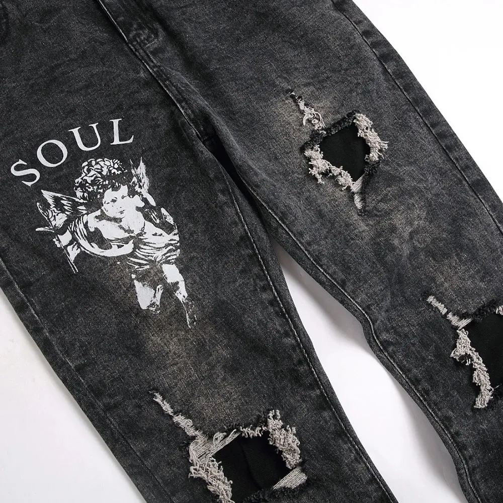 Men Angle Printed Denim Jeans Streetwear Patch Holes Ripped Pants Black Stretch Cotton Slim Straight Trousers — image 4
