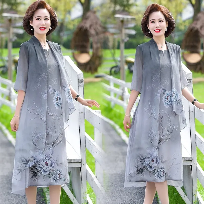 Fake two Summer Silk Middle Aaged Women Chiffon Short Sleeve Midi Dress Female Elegant Mother Dresses Vestitos — image 2
