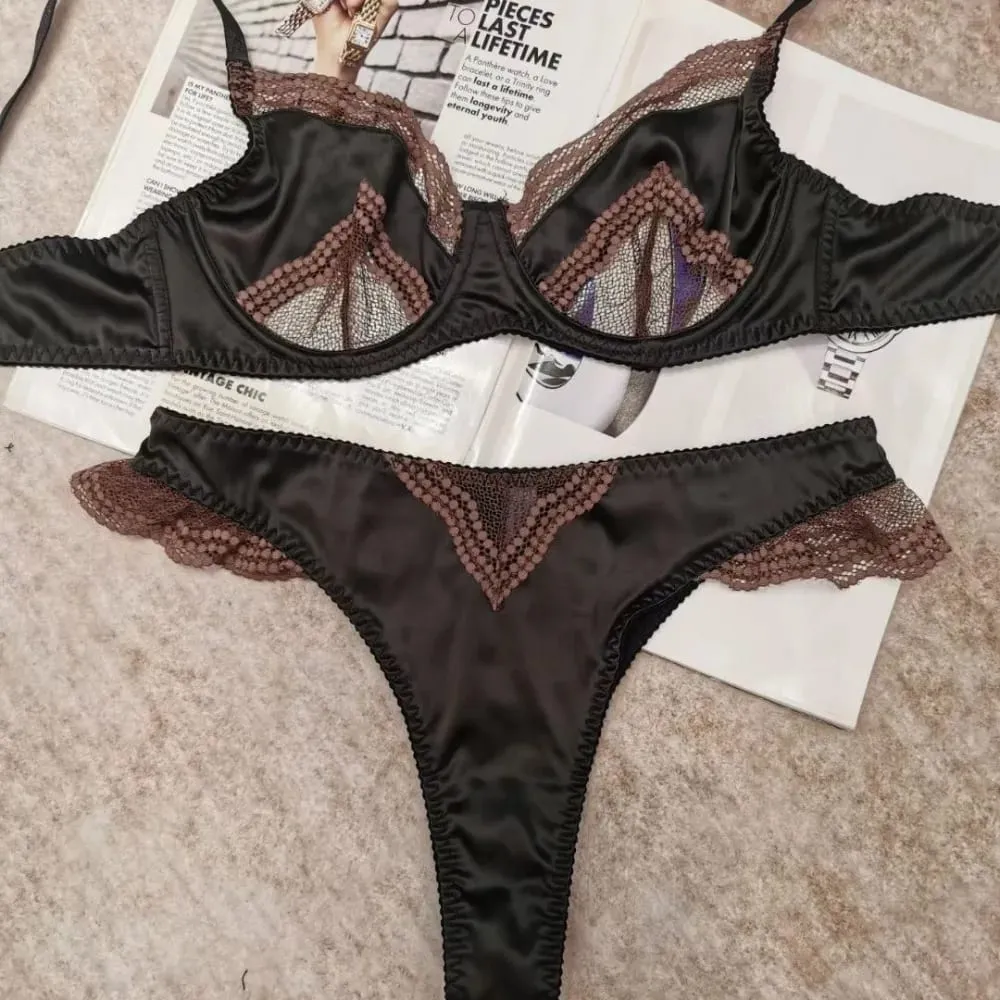 Reggiseno da donna in rete di raso con giunture in pizzo ultra sottile minimizzatore anti-abbassamento supporto morbido lingerie per ragazze 32‑38AB completo — image 6
