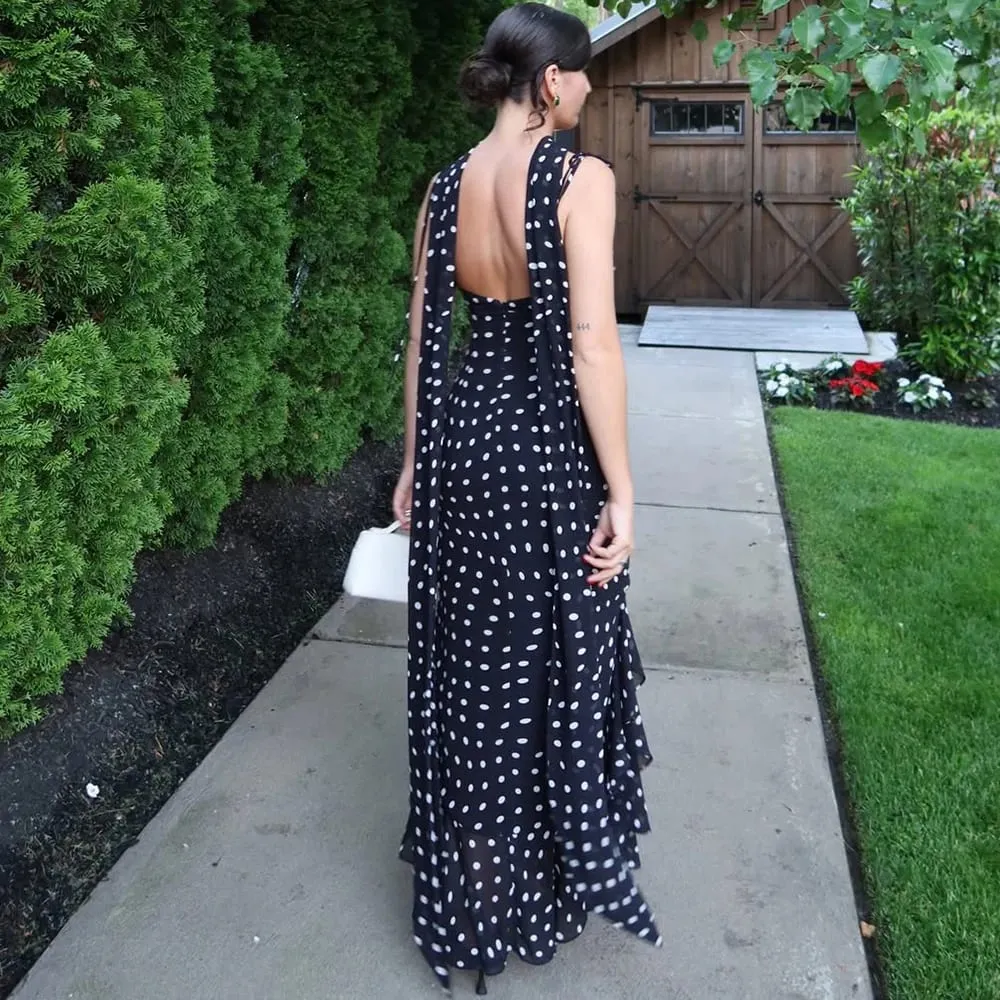 Tuularose Elegant Polka Dot Long Dress Summer Scarf Ribbon Ruffle Halter Pleated Dress Luxury Sleeveless Women's Evening Dresses — image 6
