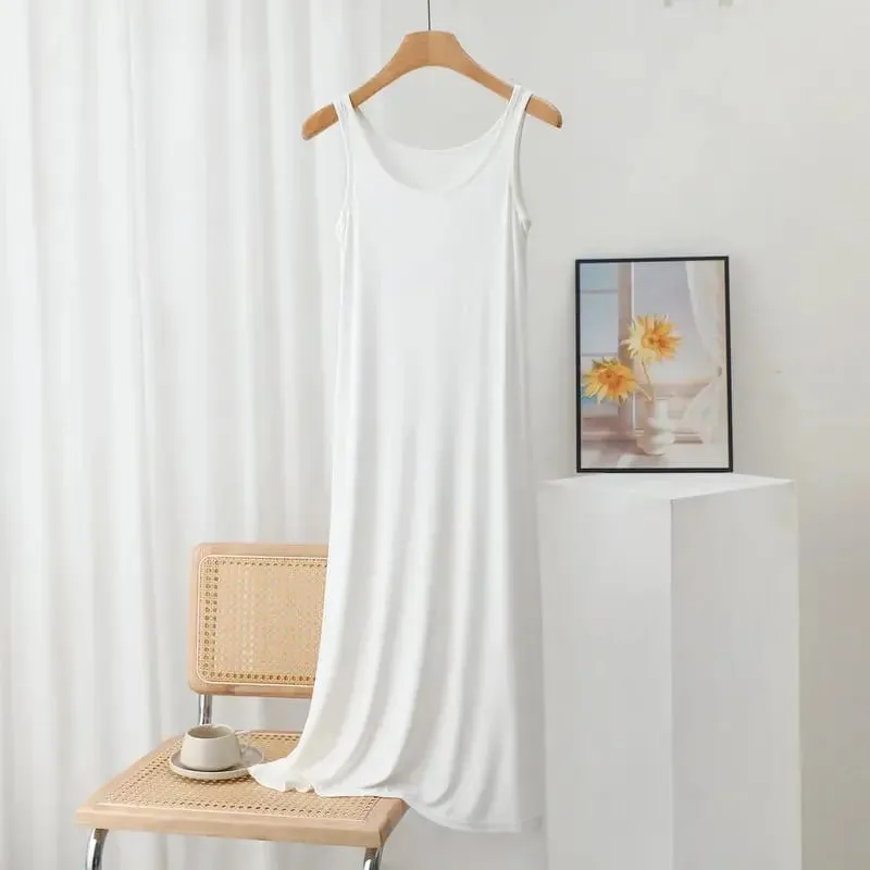 Plus Size Modal Long Dress Women's Spring Summer Loose A- Line Bottoming Skirt Home Sleepwear Sleeveless Pure Color Gown — image 5