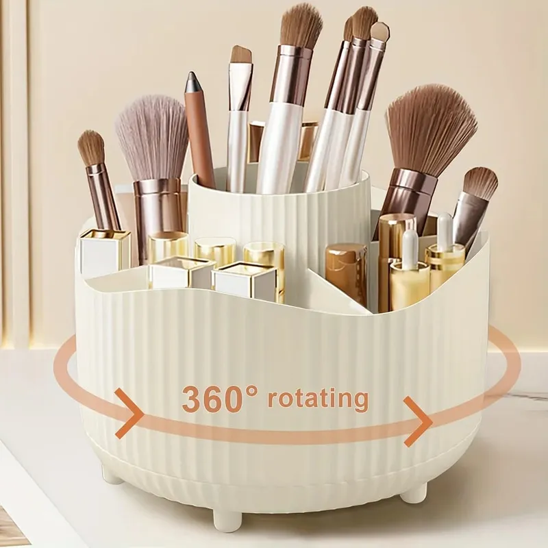 360-Degree Rotating Makeup Organizer 5 Slot Plastic Cosmetic Storage Elegant Stripe Versatile Holder for Brushes Office Supplies — image 9