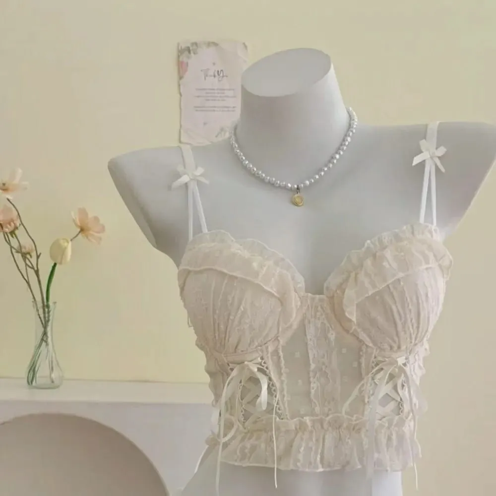 Tatlı Dantel Push Up Sütyen Seti Bayan Küçük Büstü Fırfır Örgü Çapraz Bandaj Strappy Seksi Saf Desi Lingerie İç — image 2