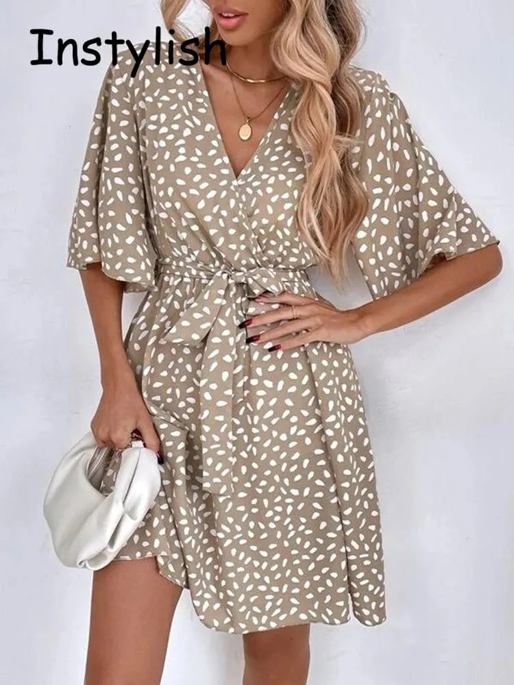 Casual Dot Print Mini Dress with Belt Elegant Chic Half Sleeve V Neck A Line Sundress Vintage Harajuku Short Dress Beach Party — image 5