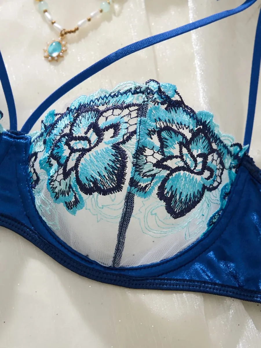 ดอกไม้สีฟ้าลูกไม้ชุดชั้นในชุดไหล่ Strappy Underwire Bra กางเกงปรับเย้ายวน Boudoir Intimate ชุด — image 4