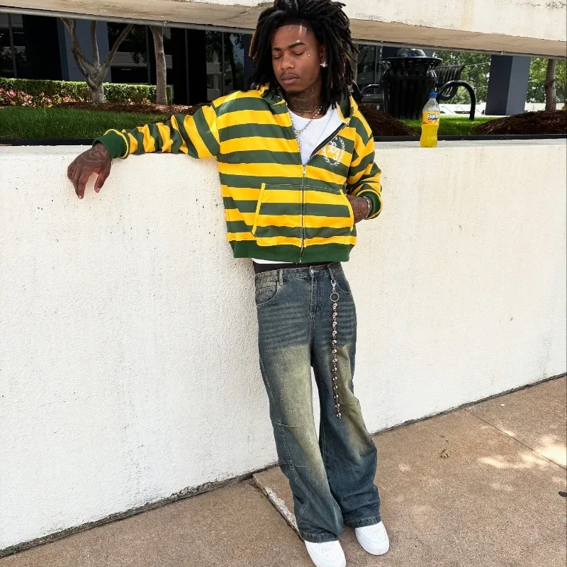 Y2K Street Kid Zip Up Hoodie Stripe Rivet Embroidery Pattern Sweatshirt New Men Hip Hop Fashion Streetwear Unisex Boxy Clothing — image 6